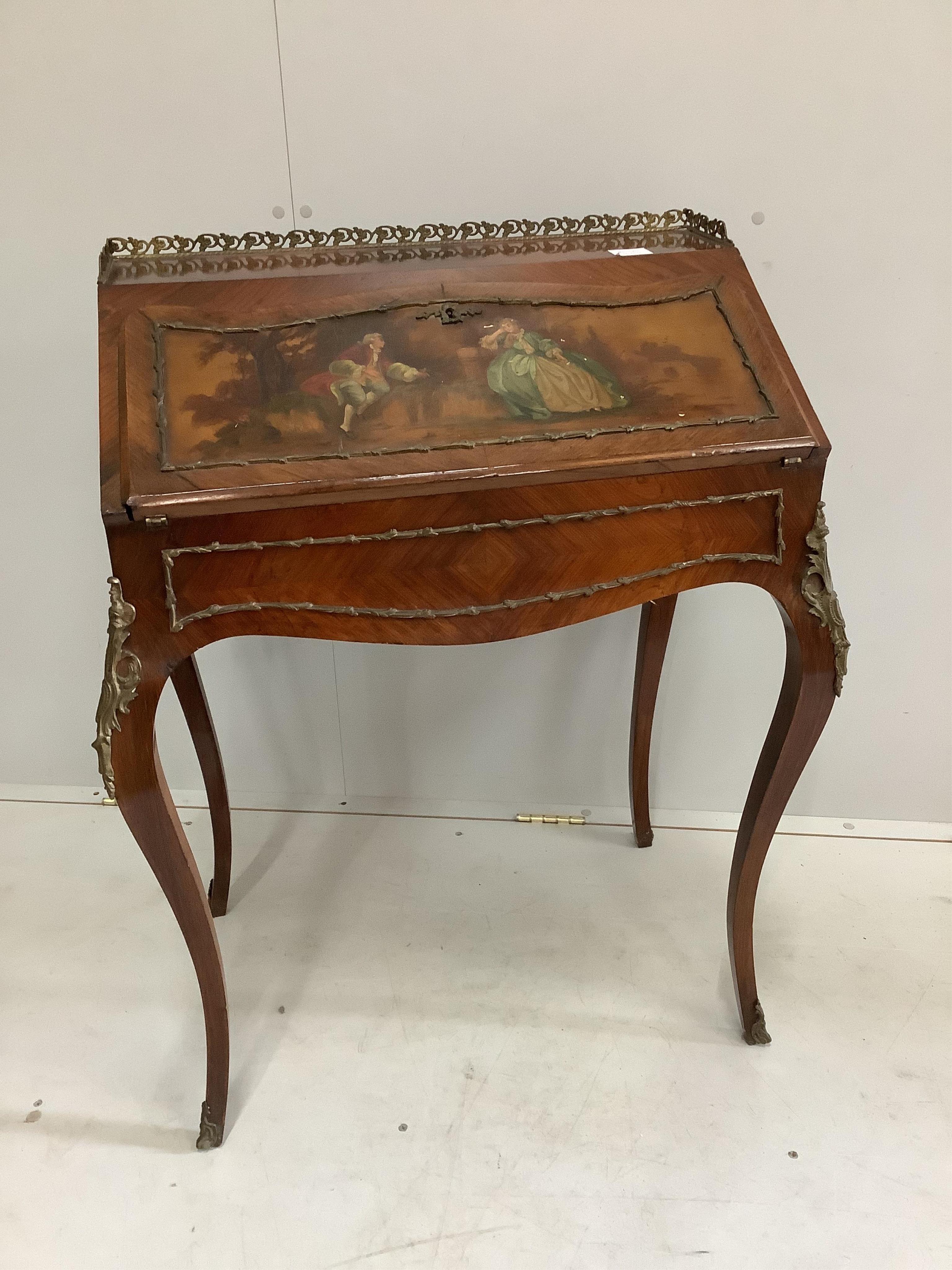 An early 20th century French Vernis Martin style rosewood bonheur du jour, width 66cm, depth 46cm, height 92cm